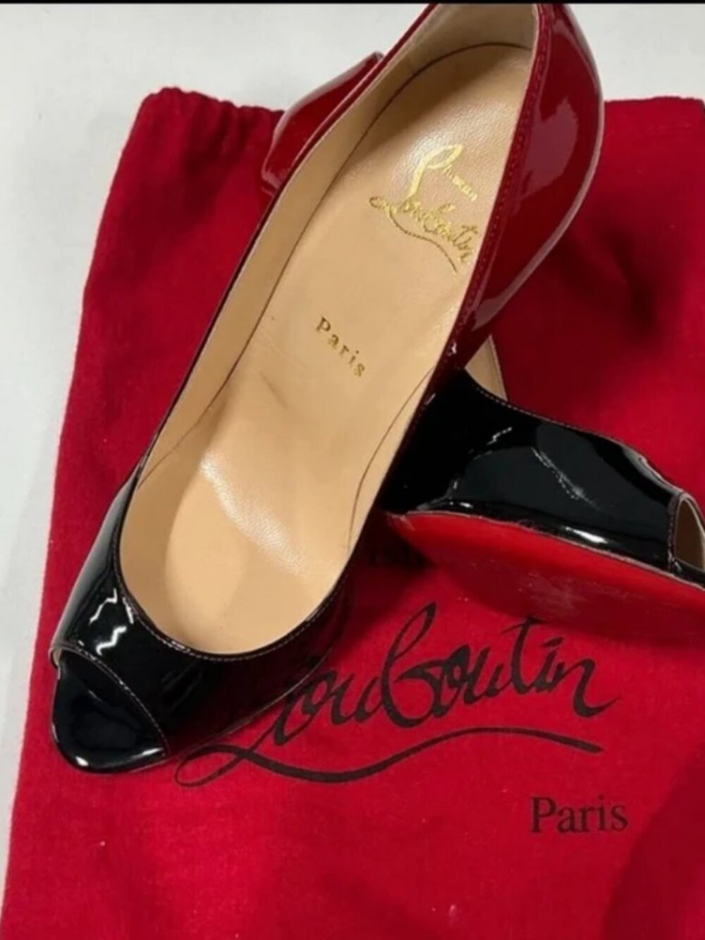Christian Louboutin Black Patent Leather Peep-Toe Red Sole Pumps Heels – Size 39